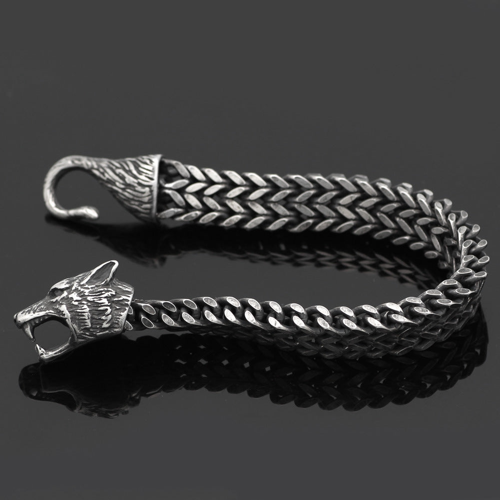 Men's Stainless Steel Vintage Black Wolf Head Cuban Chain Bracelet