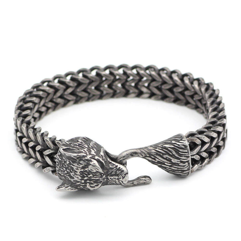 Men's Stainless Steel Vintage Black Wolf Head Cuban Chain Bracelet