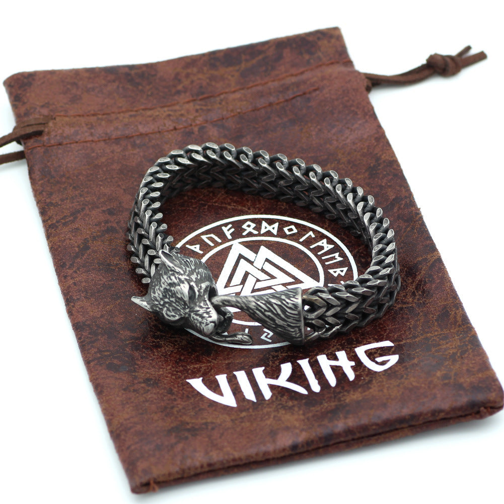 Men's Stainless Steel Vintage Black Wolf Head Cuban Chain Bracelet
