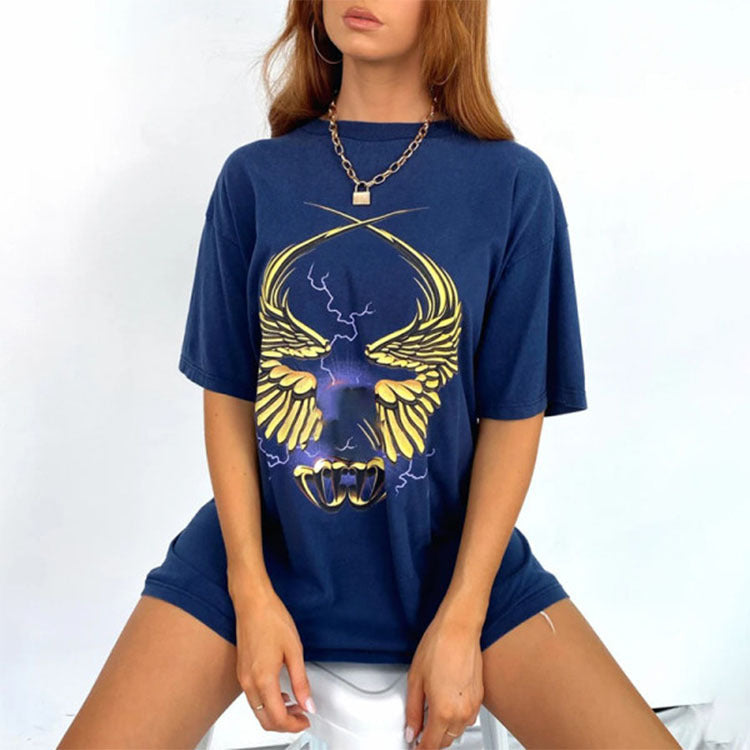 Printed Large Size Loose Short-sleeved Round Neck Mid-length Shirt Blouse