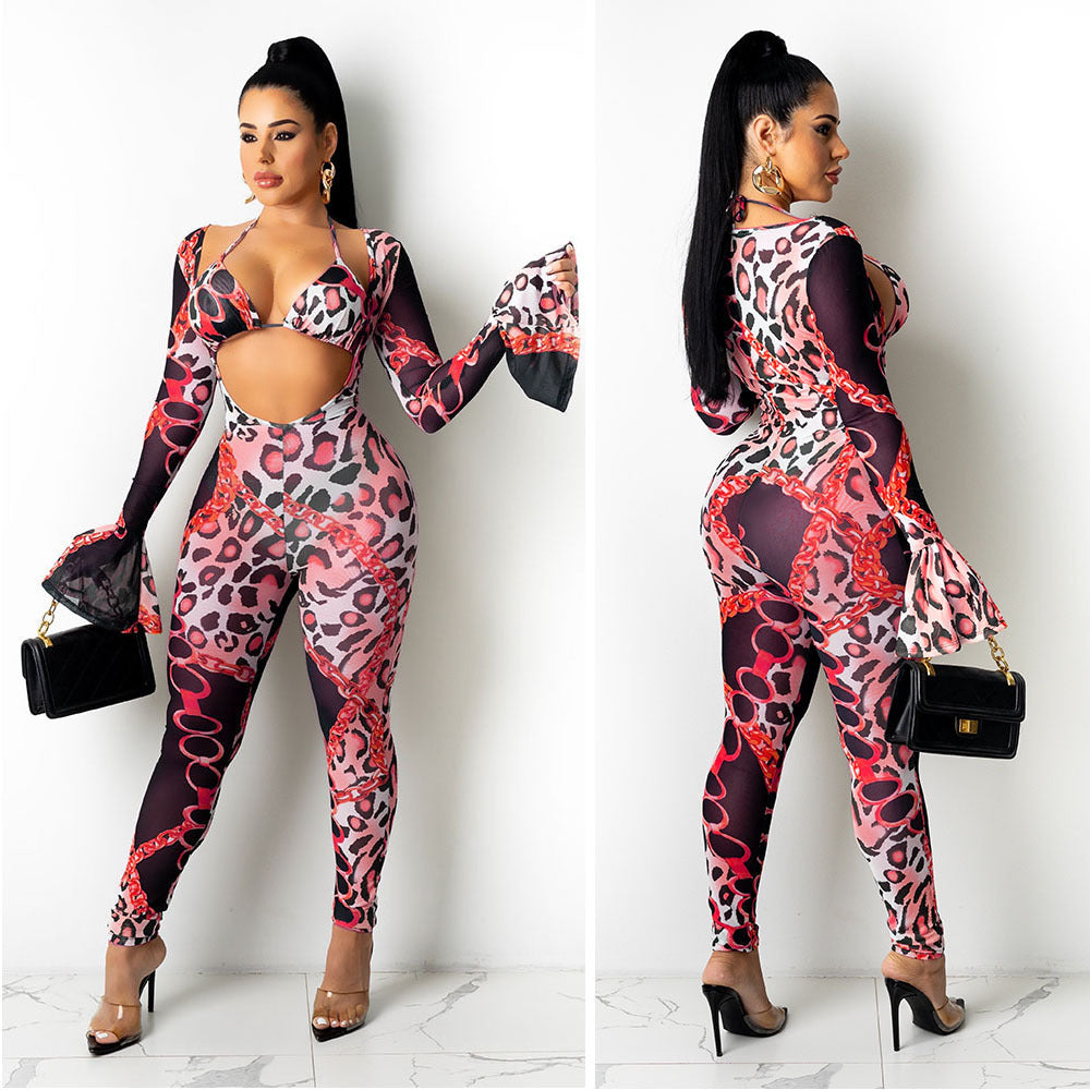 Mesh See-through Printed Two-piece Set