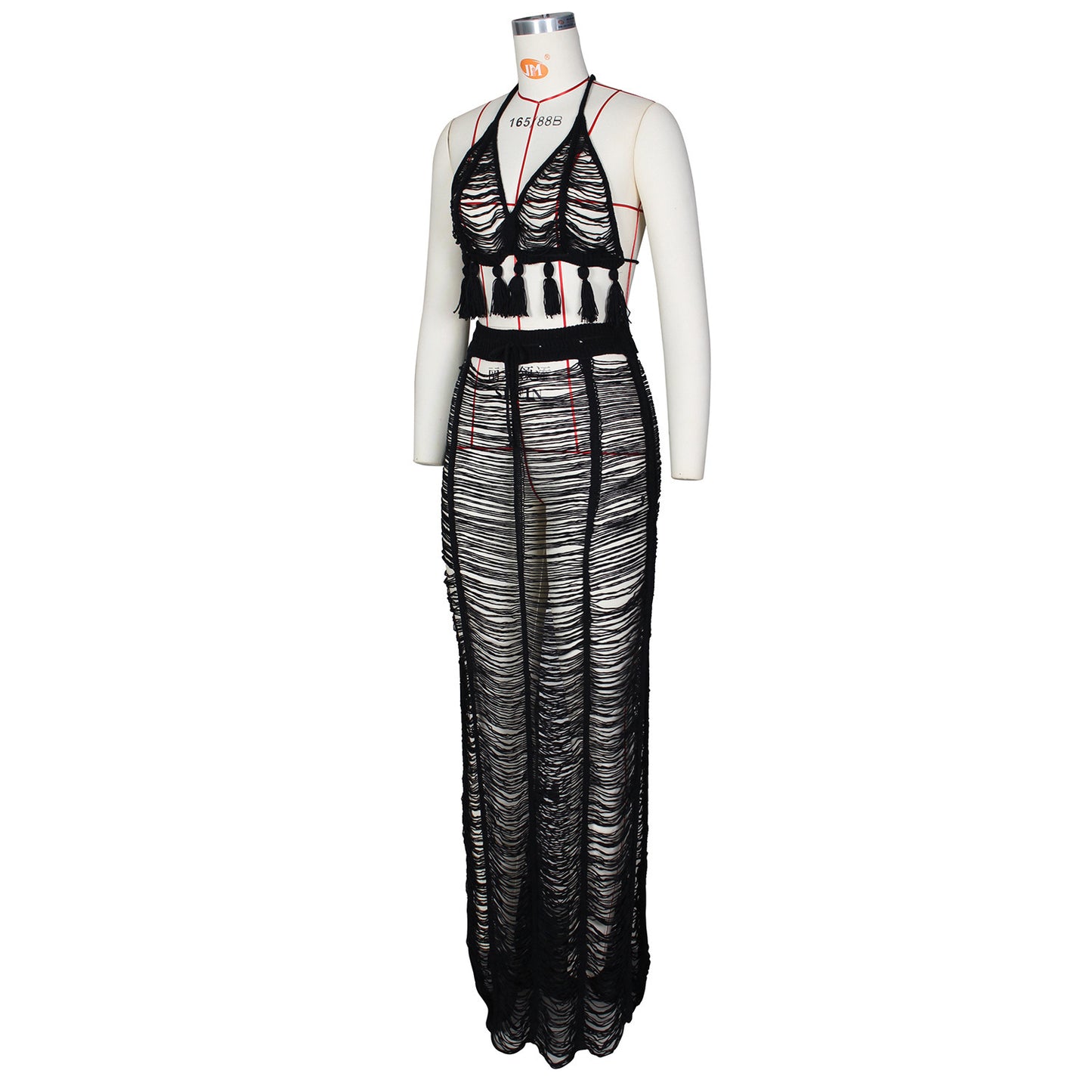 See-through Tassel Knitted Beach Skirt Suit