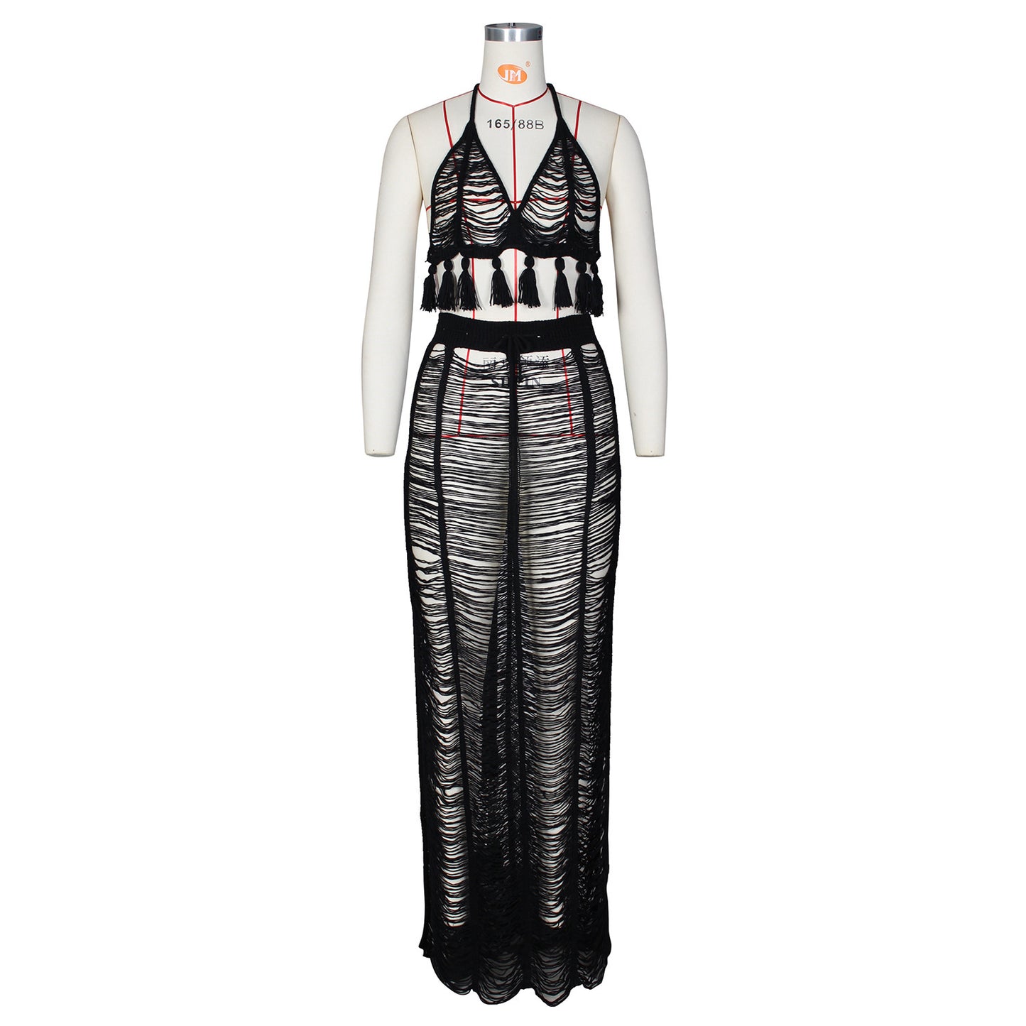 See-through Tassel Knitted Beach Skirt Suit