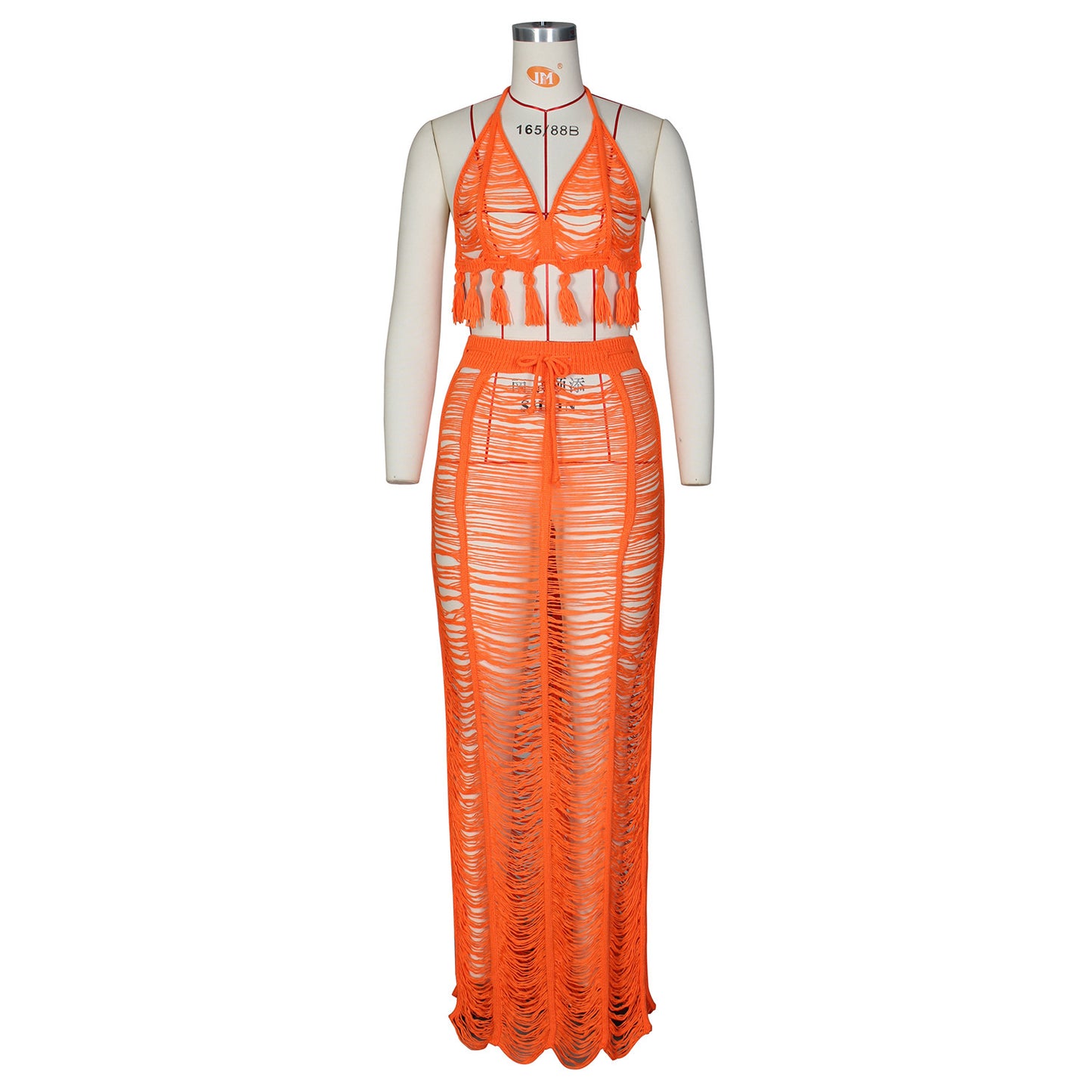 See-through Tassel Knitted Beach Skirt Suit
