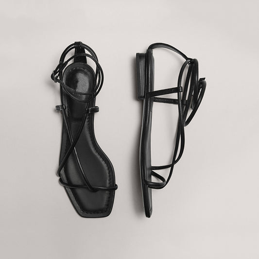 Multi-strap Flat Cowhide Sandals Lace-up Fashion Sandals Women's Shoes