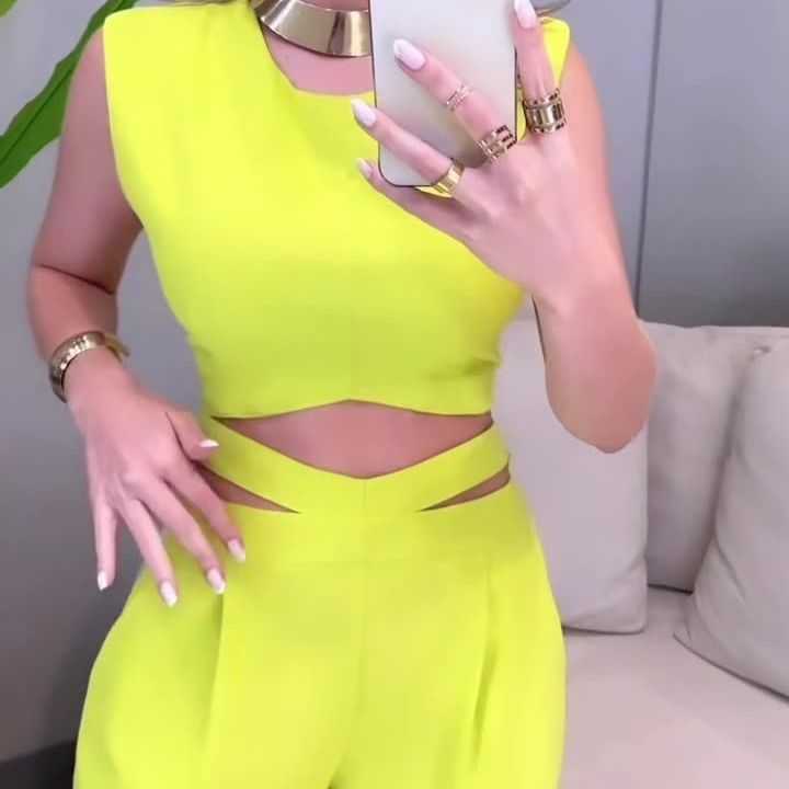 Backless Top Wide Leg Pants Yellow Set