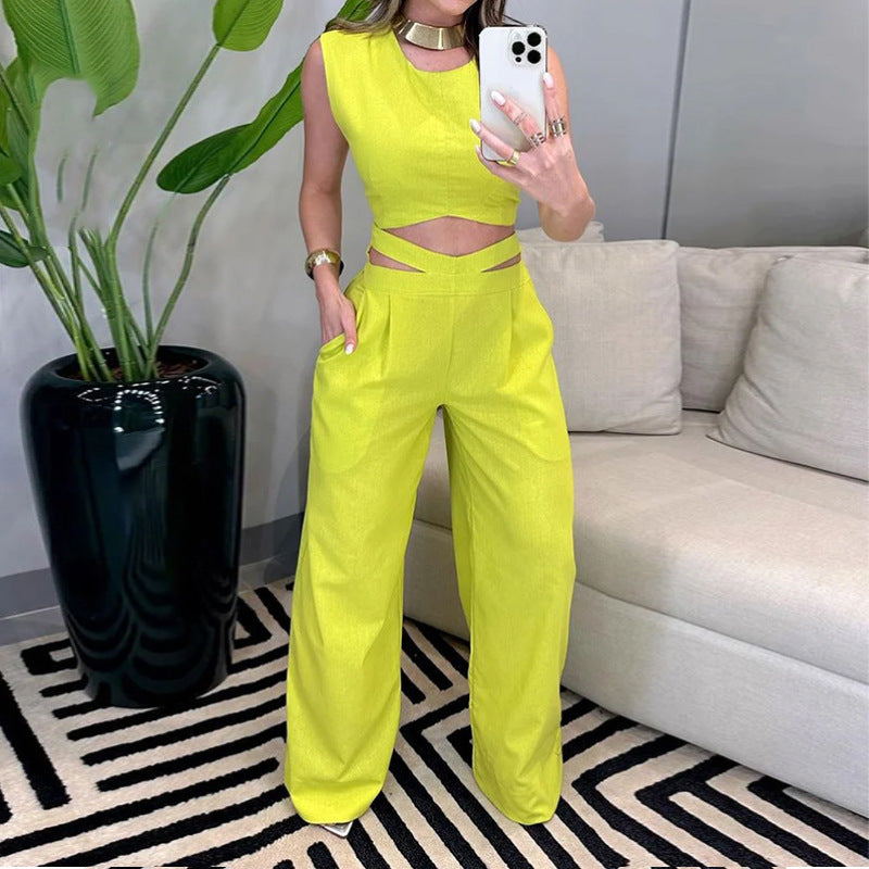 Backless Top Wide Leg Pants Yellow Set