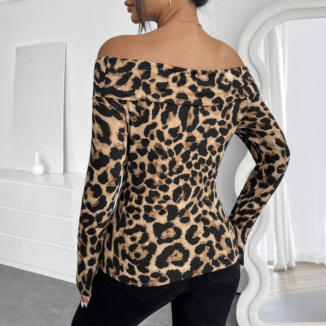 Leopard Print Off-shoulder Long Sleeve T-shirt
