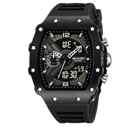 Multifunctional Men's Watch With Dual Displays Featuring A Stylish Barrel-shaped Case