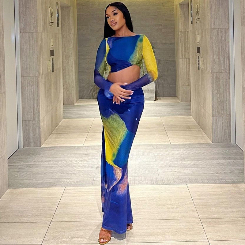 Printed Long Bell Sleeve top and long Skirt Set