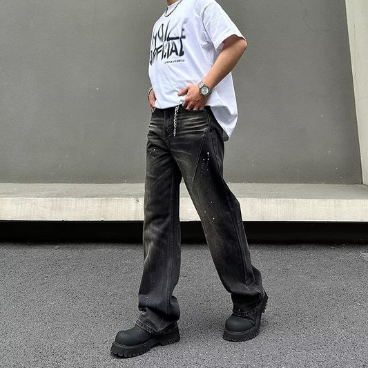 Retro Black Tie-dye Straight-leg Jeans For Men
