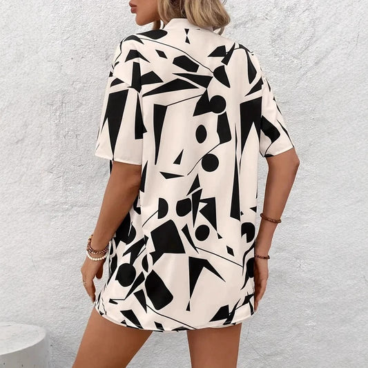 Printed Set Loose-fitting Shirt And Shorts Two-piece by GJG Denim