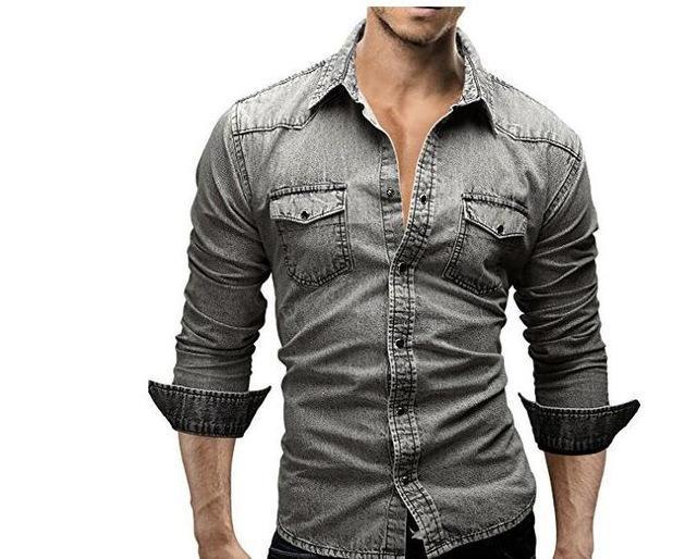 Men's Denim Long Sleeve Shirts Slim Fit