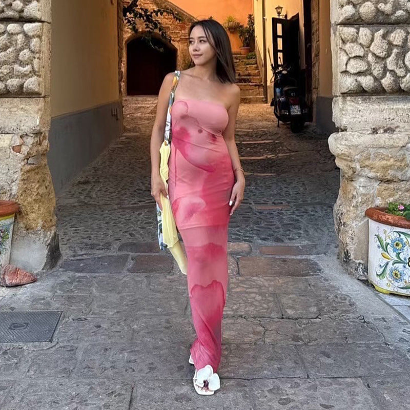 Contrast Color Tube Top Printing Dress