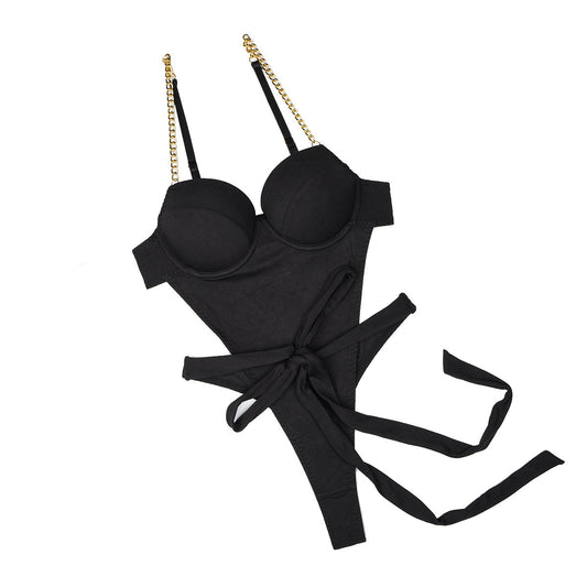 Metal Chain Strap Backless Bodysuit by GJG Denim