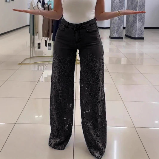 Y2K Lace Flowers Hollow Jeans Fashion High Waist Straight Wide Leg Pants Solid Color Trousers Women's Clothing by GJG Denim