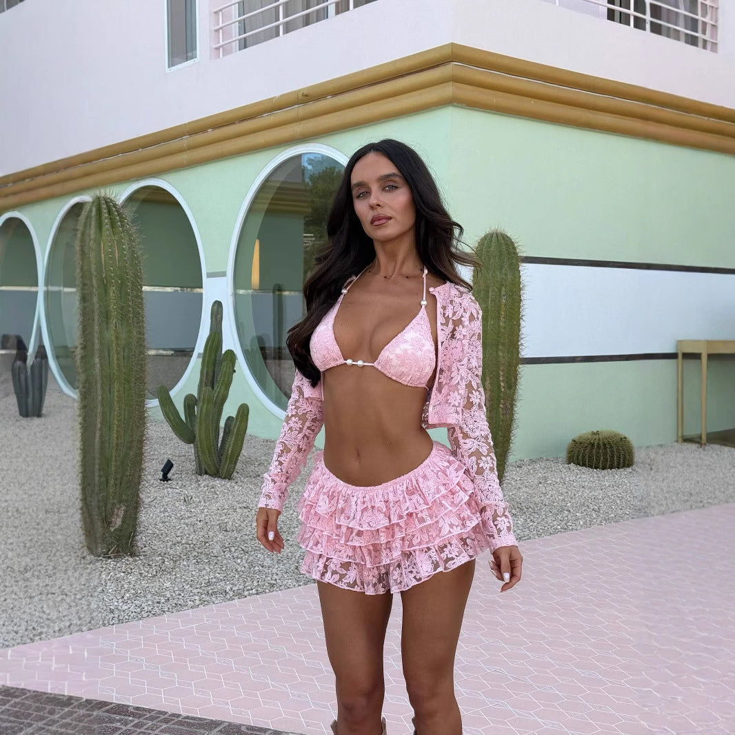 New Lace Mesh Coat Chest Cup Skirt Fashion Casual Three-piece Suit Women