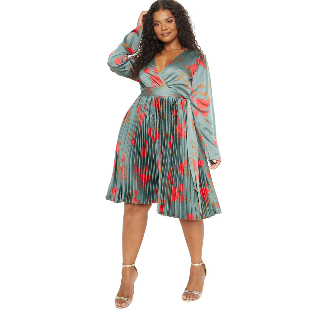 Deep V-neck Pleated Temperament Dress Women