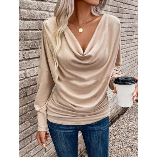 Women's V-neck Pile Collar Solid Color Knitted Long Sleeve Loose T-shirt by GJG Denim