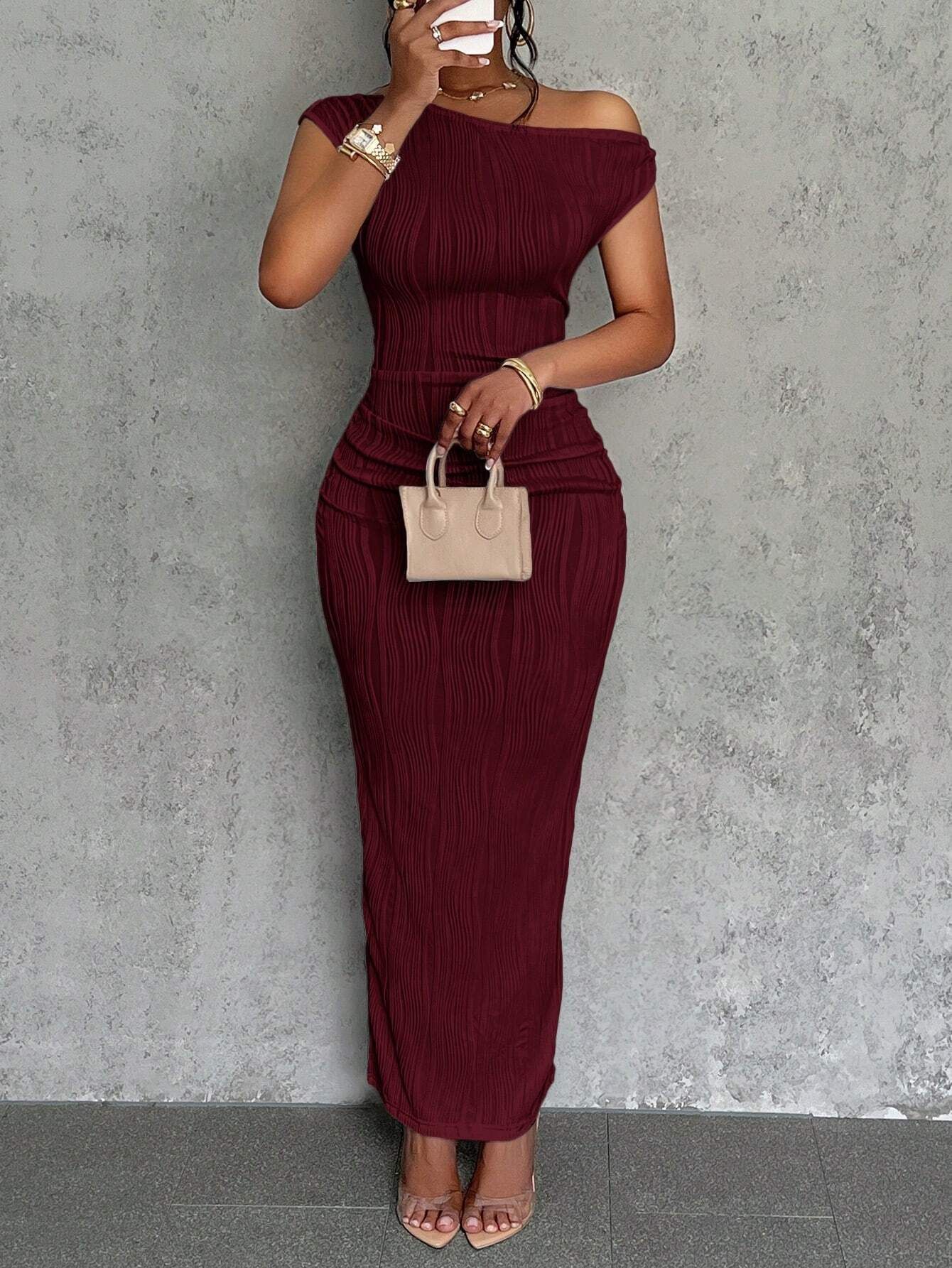 Cute Fashion Water Ripple Sloping Shoulder Dress