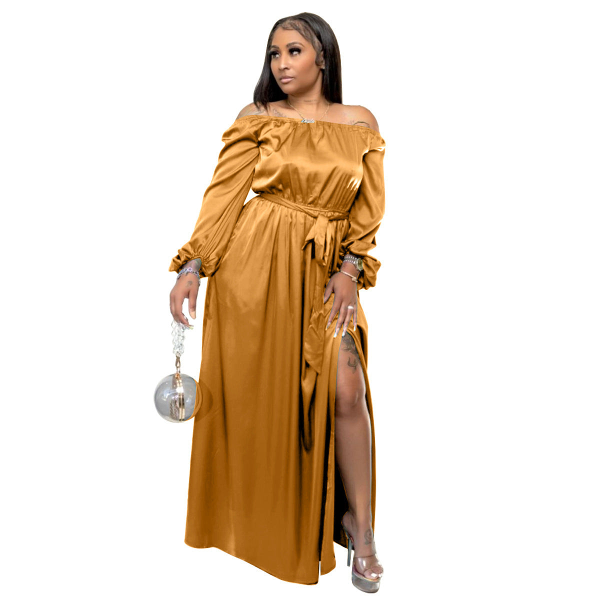 Off-shoulder Lace-up Lantern Sleeve Dress