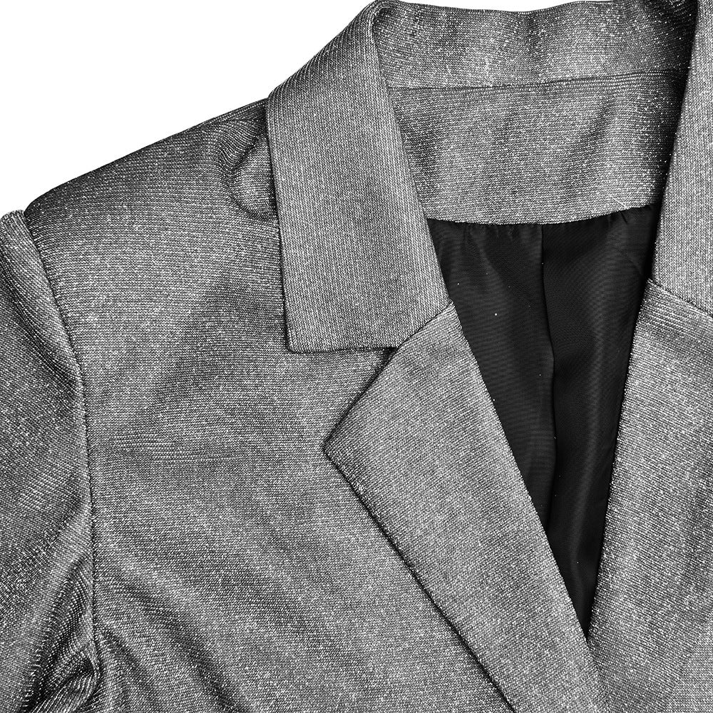 V-neck Long Sleeve Shiny Top Skirt Two-piece Suit