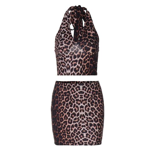 Leopard Print Printed Sexy Hanging Collar Vest Sheath Skirt Suit