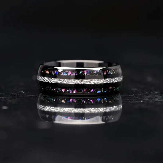 Stainless Steel With Starry Sky Colorful Silver Silk Opal Ring For Men by GJG Denim