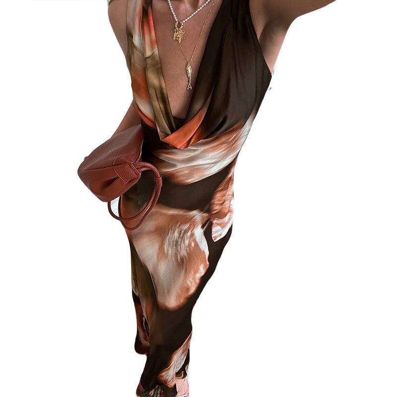 Retro Swing Collar Printing Color Contrast High Waist Long Dress