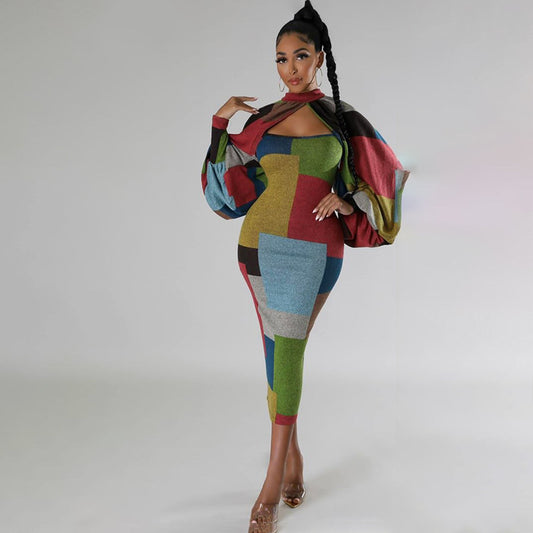 New Fashion Stitching Printing Color Contrast Long Sleeve Plus Size Dress