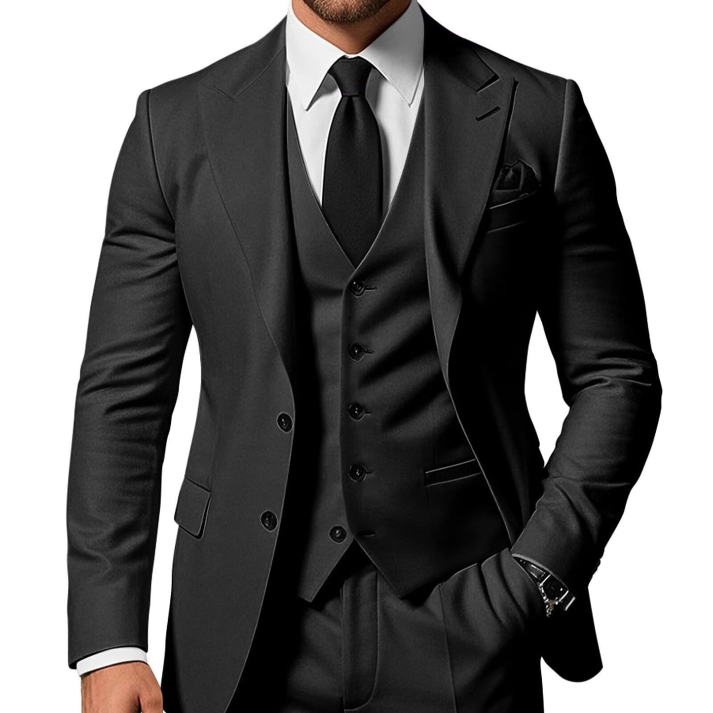 Men's Solid Color 2-piece Buckle Casual Jacket Vest Pants Suit
