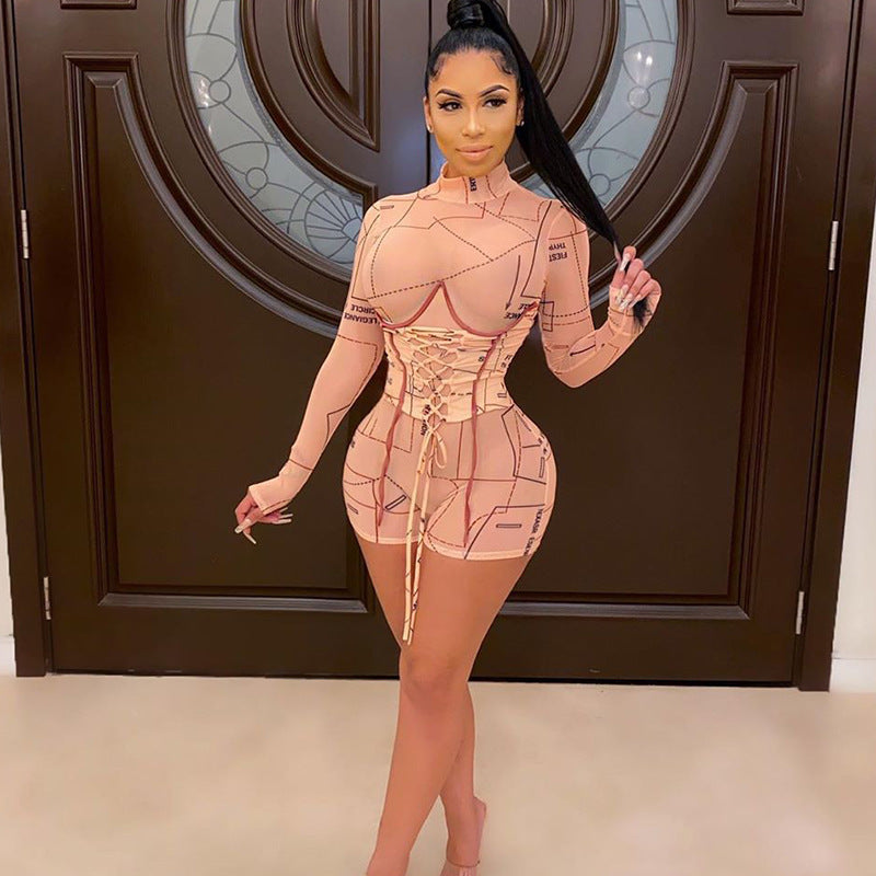 High-necked slim jumpsuit shorts