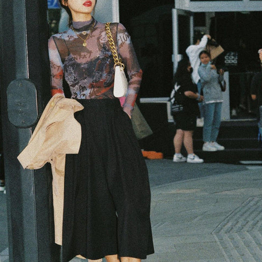 Sexy Sheer Mesh Letter Graphic Printing Bottoming Long-Sleeved Bodysuit