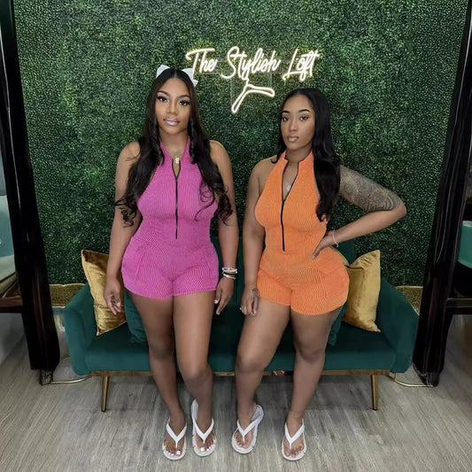 Zipper Sunken Stripe Design Sexy Tight Shorts One-piece by GJG Denim