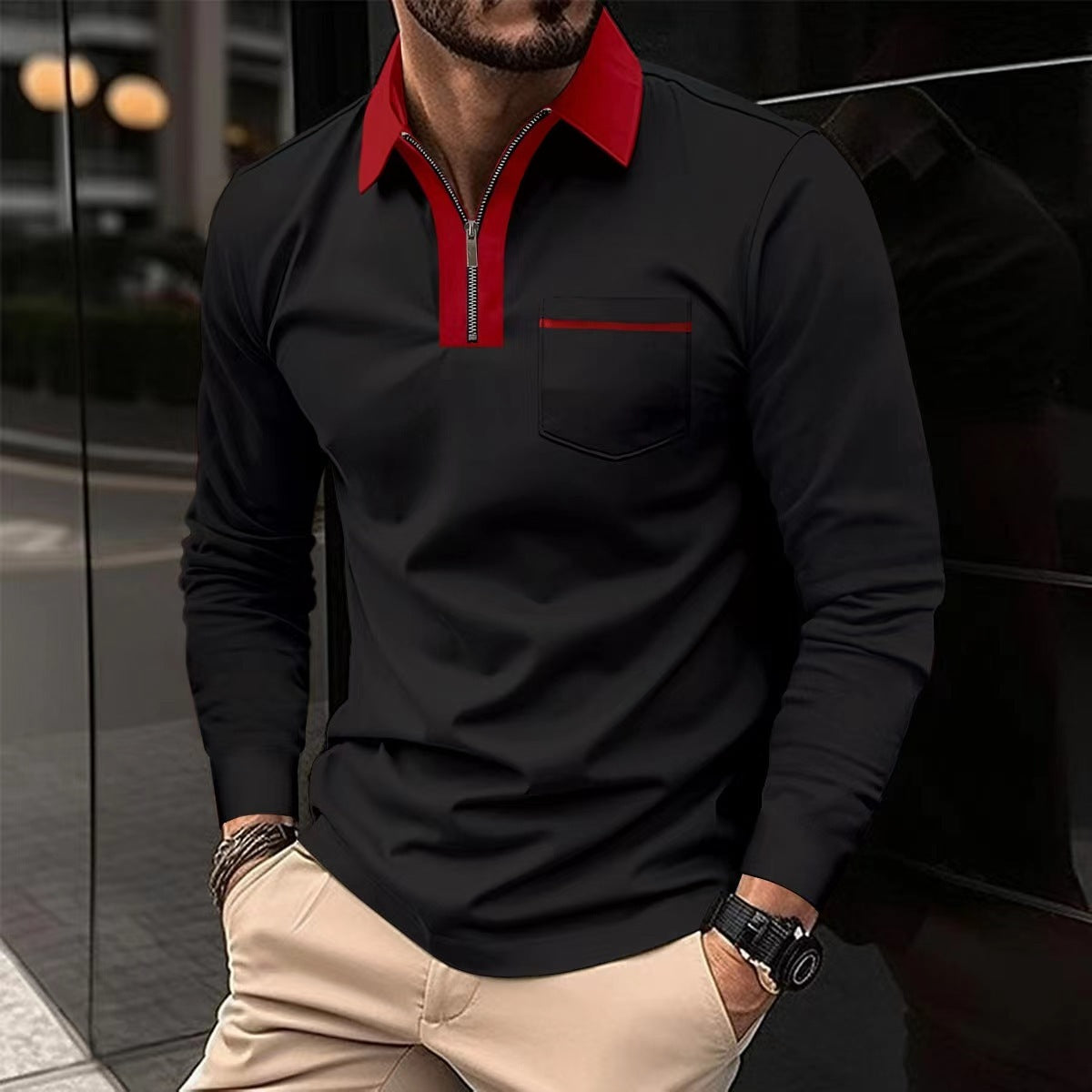 Men's Long Sleeve Zipper Polo Shirts Lapel Collar Zip Up