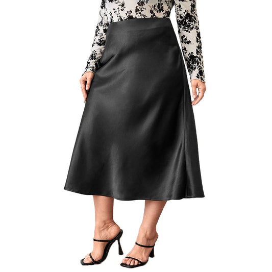 High Waist Zipper Large Hem Satin Satin Temperament Skirt