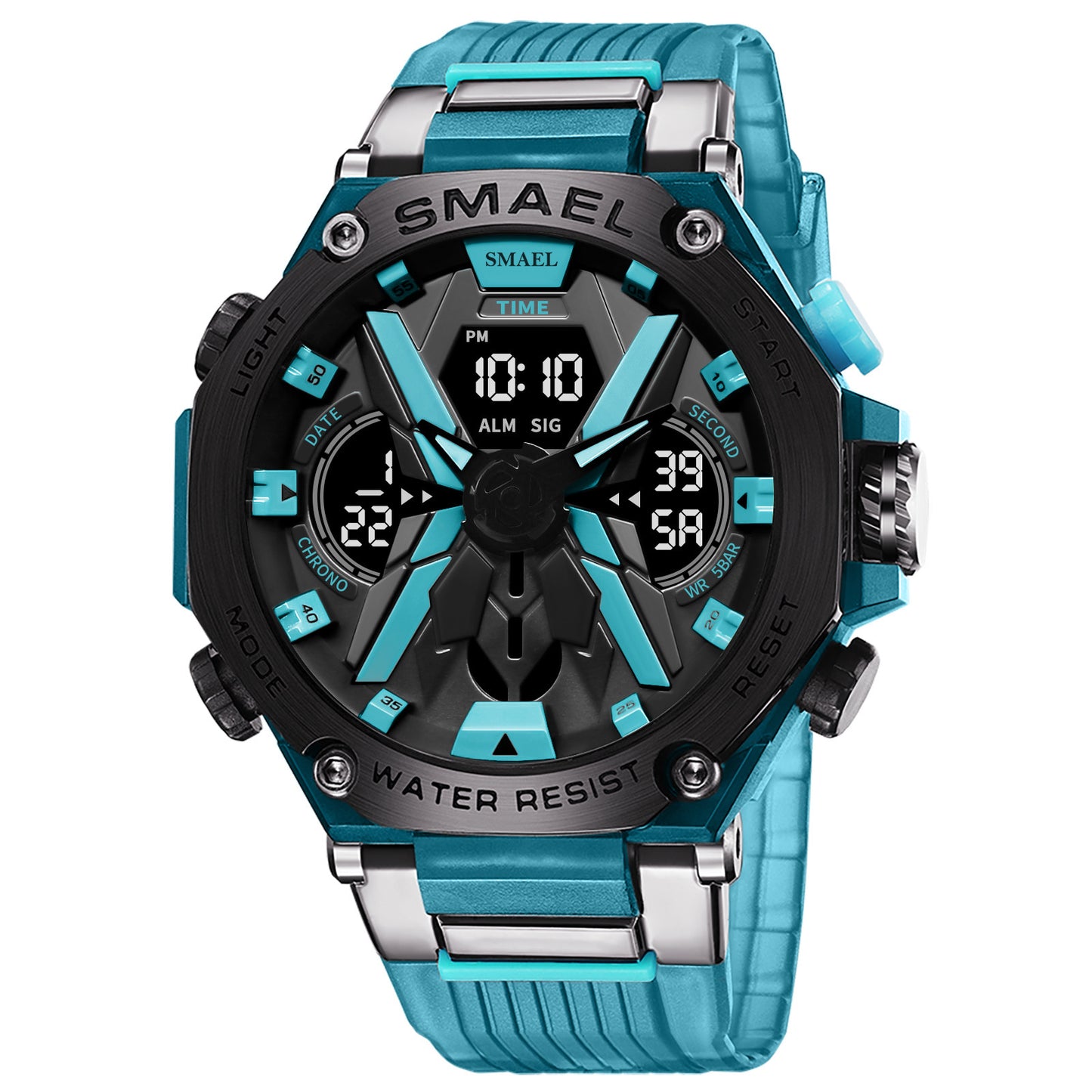 Men's Multifunctional Digital Double Display Waterproof Alloy Sports Quartz Watch