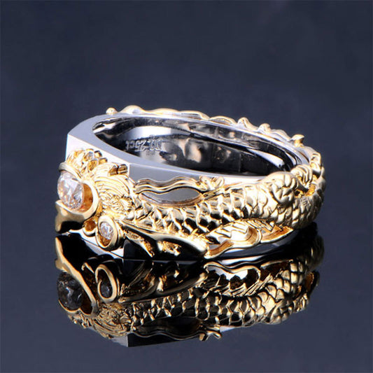 Men's Dragon Pattern Two-color Zircon Rhinestone Ring