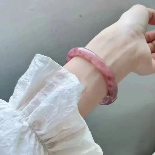 Ice-Translucent Lotus-Pink Quartzite Jade Round-Bar Noble Consort Jade Bracelet by GJG Denim