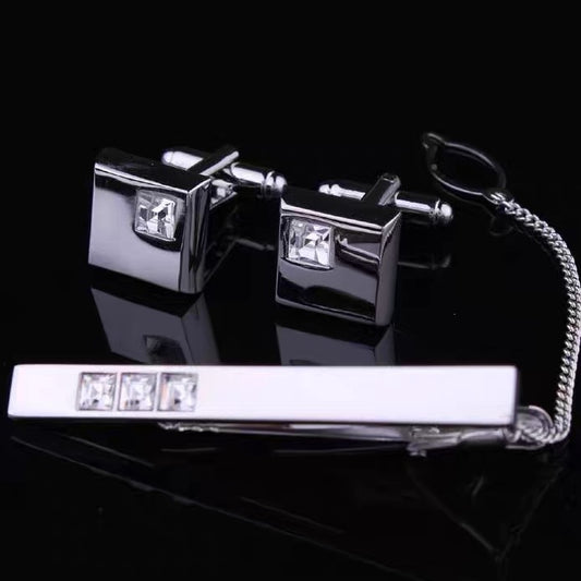 Men's Suit Shirt Rhinestone-encrusted Silver Cufflinks Tie Clip 3 Pieces Suit
