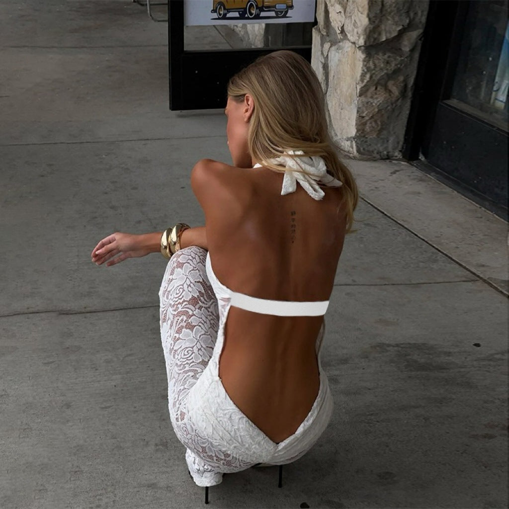 Women's Lace Hollow Backless Jumpsuit