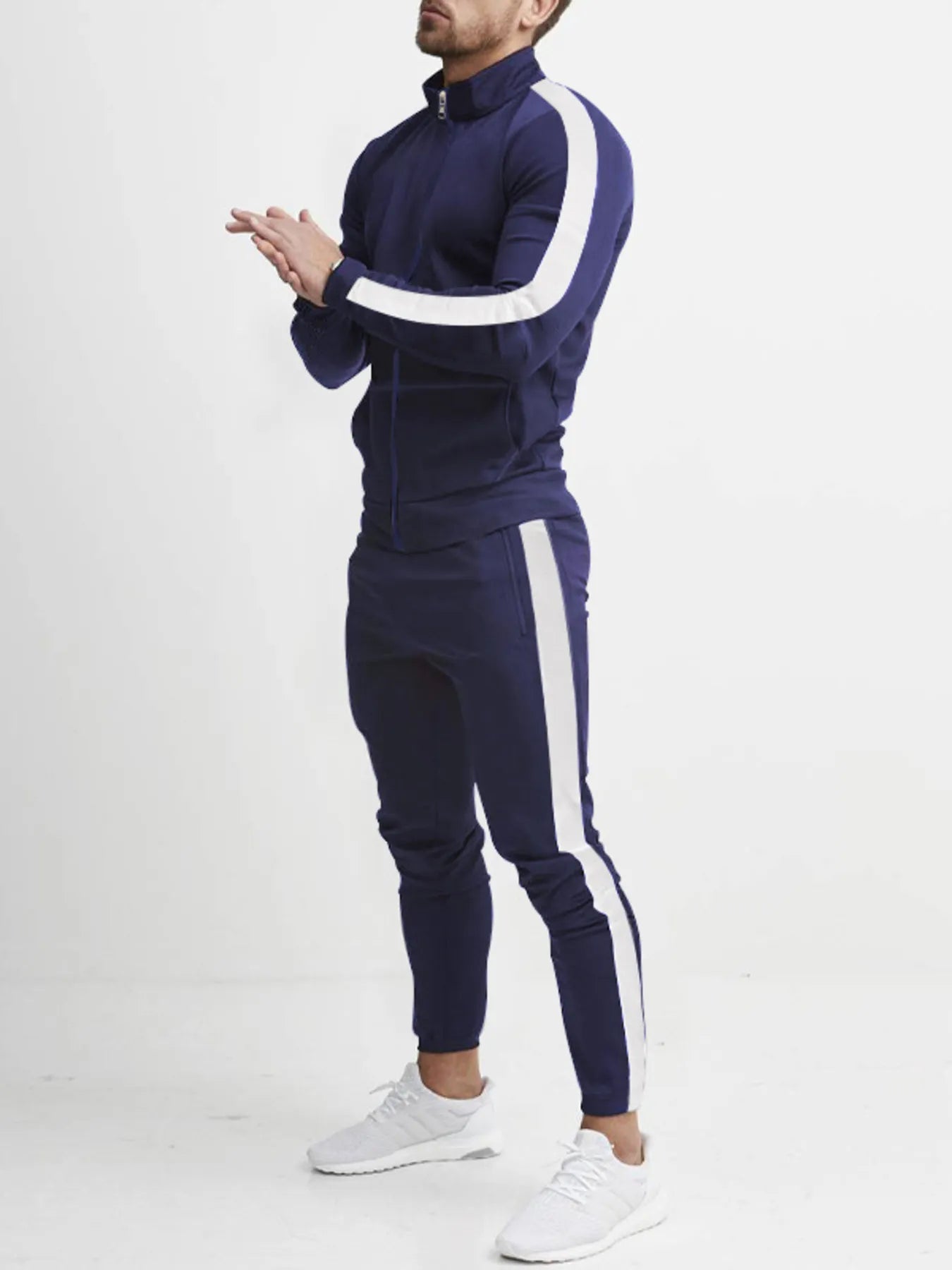 Men's Full Size Side Stripes Zip Up Top and Pants Set Plus Size