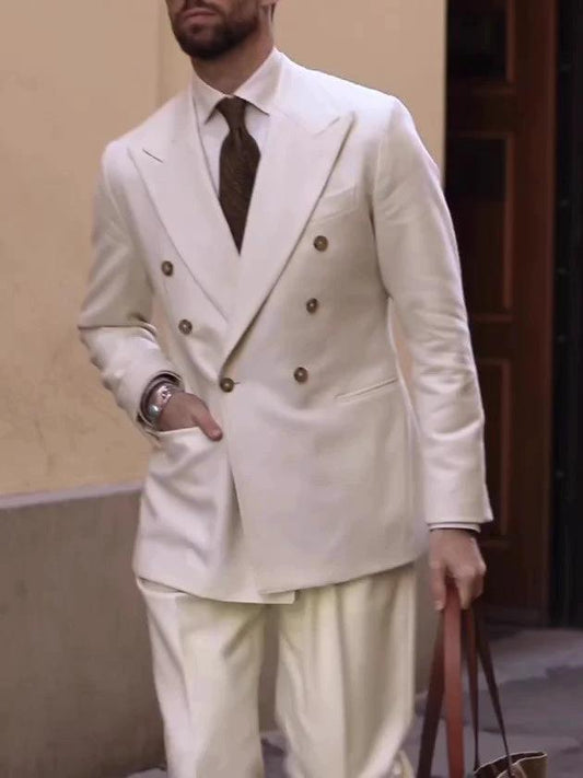 Men's Cream Double-Breasted Suit by GJG Denim