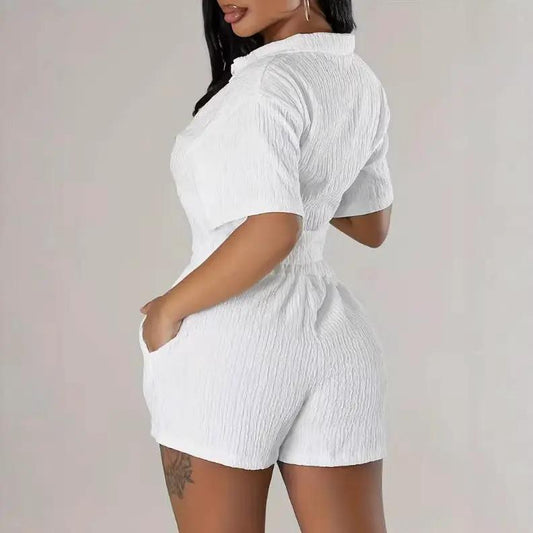 Fashionable Casual Short-Sleeve Shirt Set Single-Breasted Solid Color Pleated Two-Piece Suit by GJG Denim