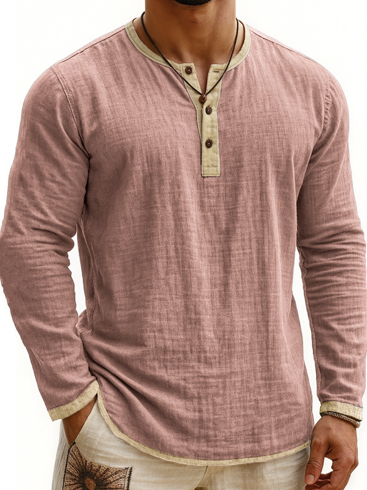 Men's Two-tone Henley Shirt 3-button Casual Long Sleeve Shirt