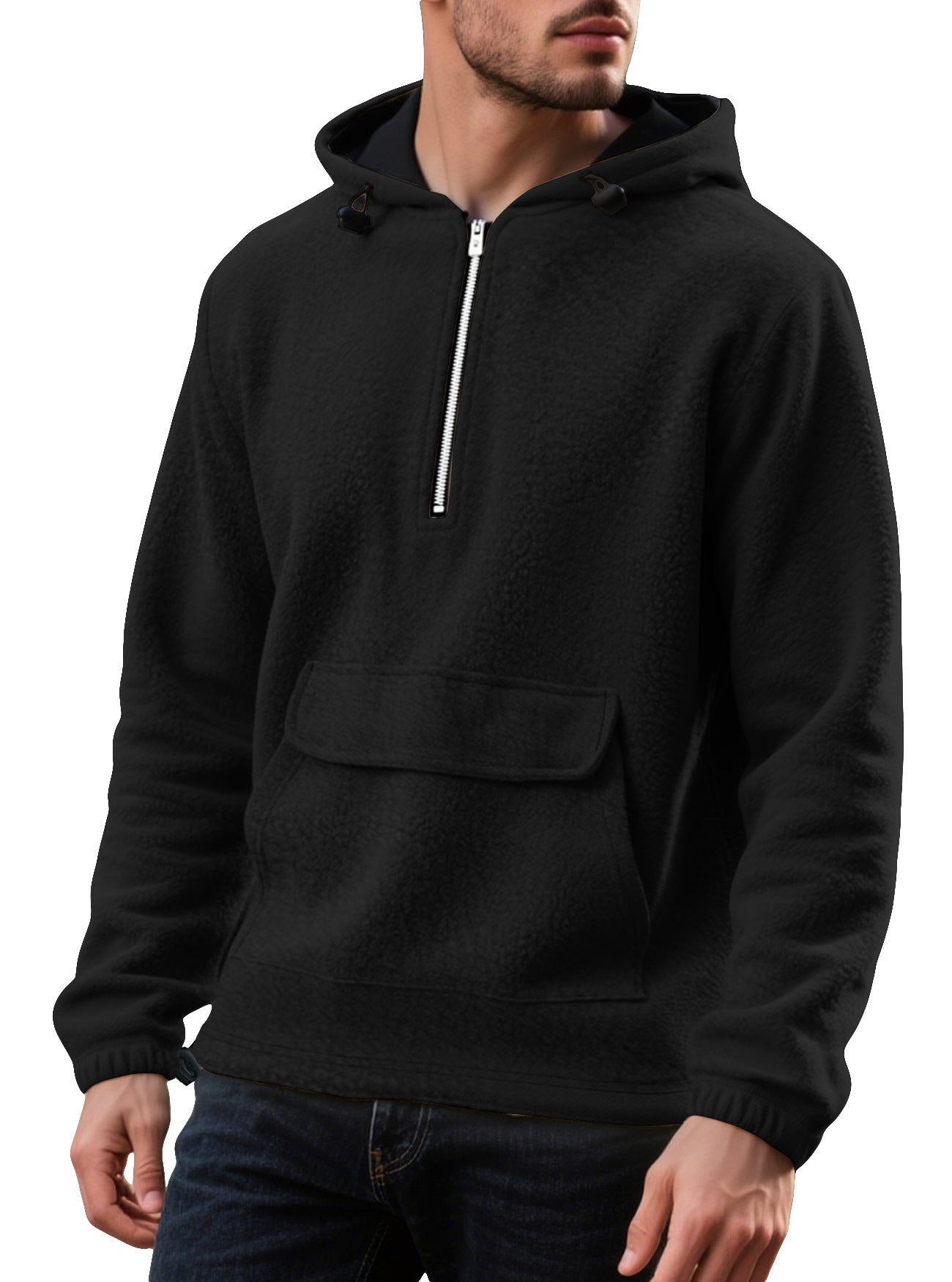 Men's Padded Fleece Solid Color Half Zip Hooded Pullover Sweater
