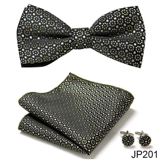 Men's Formal Bow Tie Handkerchief and Cuff links Set