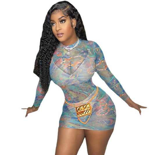 Fashion Round Neck Gauze Perspective Long Sleeve Slim Wrap Hip Dress