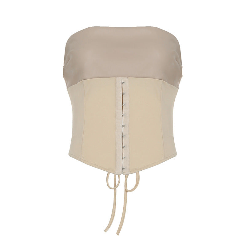 Lace-up Tube Top Leather Look Low Rise Hip Belted Skirt Set