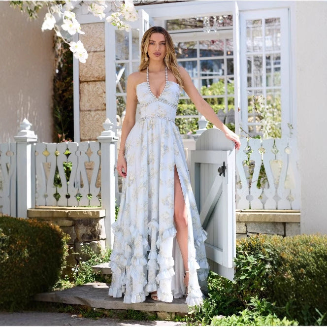 Floral Printed Expansion Ruffle Dress Front Split